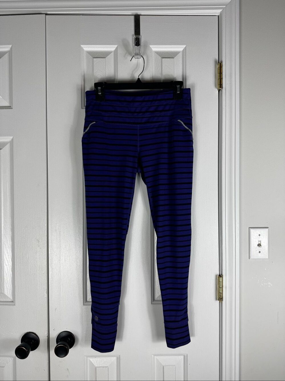 Athleta Womens Relay Purple Black Workout Striped Leggings Size M